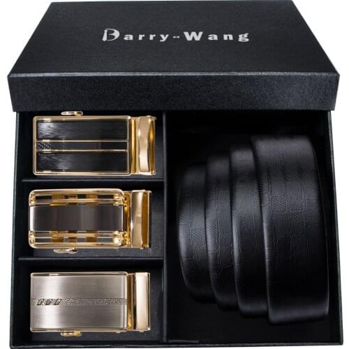 3 Pack Buckle Belt Set for Men Leather Belt Gold Automatic Slide Buckle Cowskin Belt Gift for Christmas Business Barry.Wang