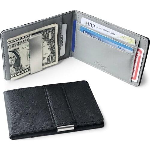 NewHot Sale Fashion Solid Mens Thin Bifold Money Clip Leather Wallet With A Metal Clamp Female ID Credit Card Purse Cash Holder
