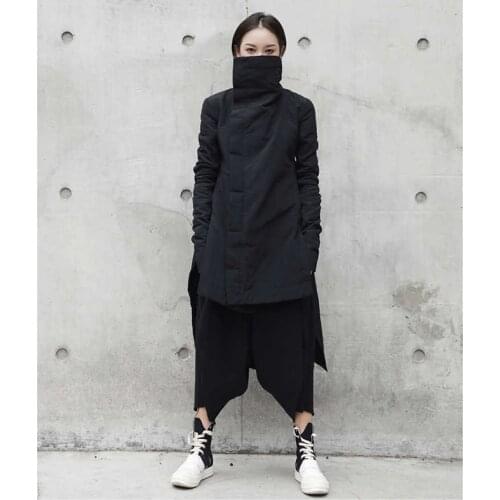 2020 Winter New Fashion Stand Lead Irregular Long Cotton-padded Jacket Punk Style Loose Coat Solid Black Jacket