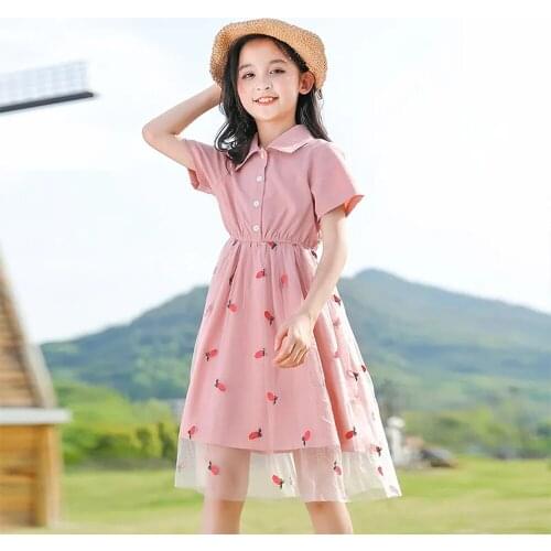 Dress for Girls Summer Lace Tulle Dresses Clothes Fashion Button Blouse Dress Kids Carrot Embroidery Teenage Children Dress 2021
