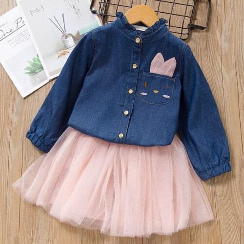 Girls Denim Dress Spring Autumn Mesh Patchwork Princess Vestidos For Girl Children Long Sleeve Elegant Clothes 3-7 Years