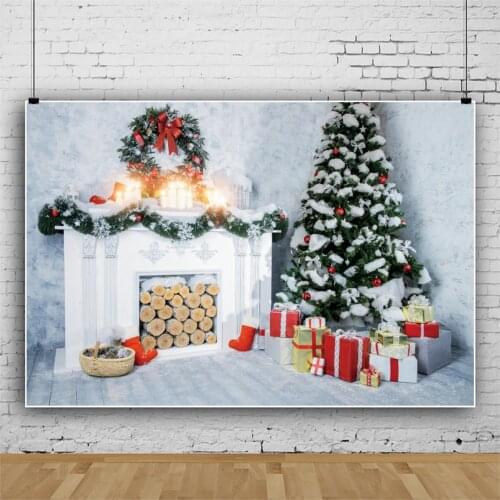 Christmas Backdrop For Photo Rural House Fireplace Tree Wall Gift Wood Floor Wall Child Baby Interior Photo Background Photocall