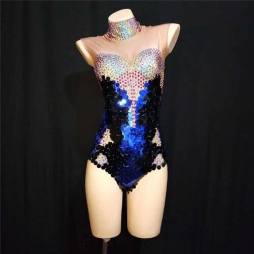 X09 Ballroom dance sexy Sequin bodysuit blue Rhinestone jumpsuit party wears outfits singer perform dress bikini disco clothing