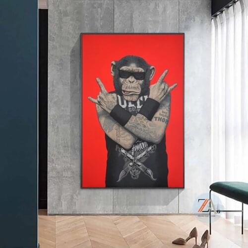 Modern abstract hip hop rapper funny tattoo monkey gorilla painting poster and living room decoration painting