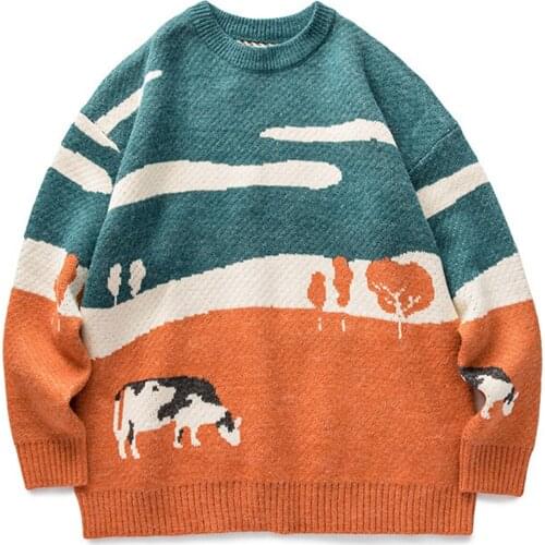 Cow Prairie Knitted Sweater Harajuku Streetwear Clothing Retro Autumn Men Sweater Hip Hop Sweater Pullover Men Vintage
