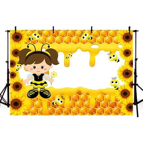 Vinyl Background Photography Yellow Sunflowers Cute Bee Honey Background Baby Shower Photo Studio Backdrop