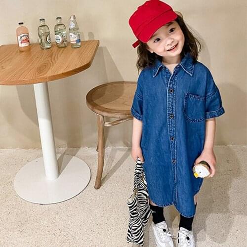Vintage Girls Denim Shirt Dress 2021 New Summer Girls Clothes Medium Long Short Sleeve Jeans Dress DT409
