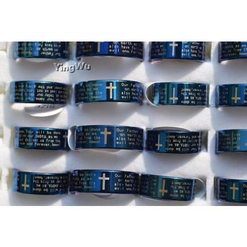 Yingwu 6pcs/lot Christmas Gift Jewelry Blue Stainless Steel Cross Rings Engrave Letter Church Prayer Rings for Men Women Belief