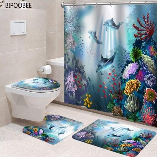 Seabed Coral Dolphin Bathroom Curtain 3d Ocean Bath Mat Set Non-slip Carpet Toilet Lid Cover Washroom Shower Curtains with Hooks