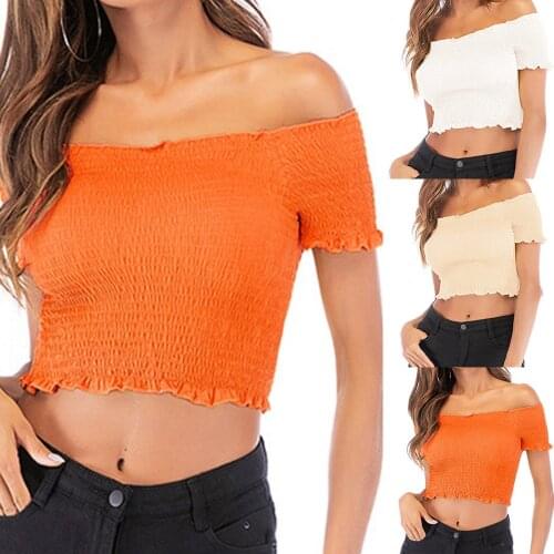 2021 Summer Women Flare Sleeve Off Shoulder Slash Neck Basic Ruffles Shirt Lady Short Elastic Slim Sexy Mini Chic Blouse Tops