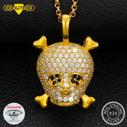 Fashion Real Moissanite Skull & Crossbones Pendant 925 Sterling Silver Fine Jewelry Necklace For Women Elegant 2021 New Chain