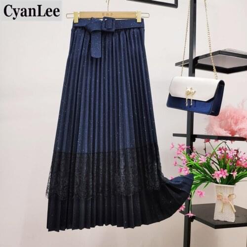 Cyanlee women autumn winter Woolen maxi skirt with belt office ladies lace patchwork pleated skirt slimming A- line long skirt