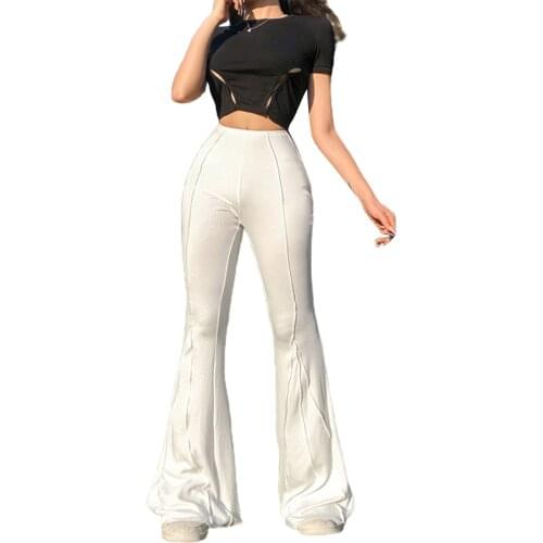 Women Close-fitting Flared Pants Solid Color Elastic High Waist Trousers White/ Brown