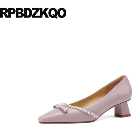 Pearl European Purple Beaded Wedding Shoes Party Medium Heels Block Genuine Leather Square Toe Size 33 Wine Red Women Pumps High