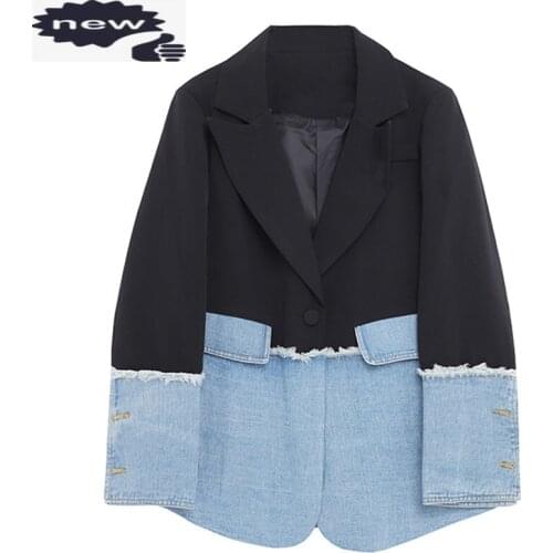 Women Patchwork Denim Suit Jacket Streetwear Autumn Loose Fit Long Sleeve Single Button Coat Office Ladies Design Casual Blazer
