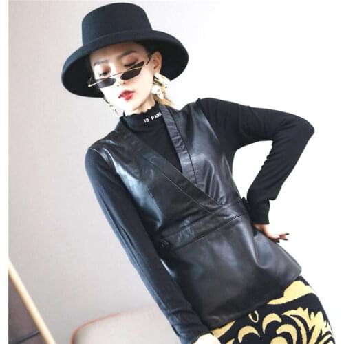 Lady sheepskin Slim waistcoat new fashion real leather wear waistcoat natural leather short V-neck black