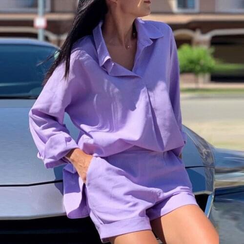 Summer Women Shirts 2 Piece Set Casual Solid Lapel Long-sleeved Blouses And Shorts Suits Female Loose Streetwear Outfits Clothes