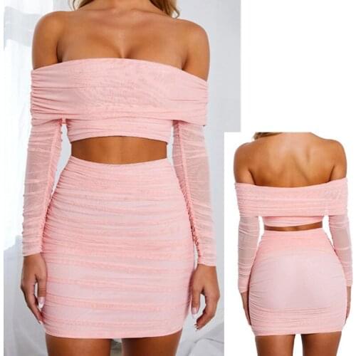 2020 Autumn Sexy Mesh Two piece set Women Off Shoulder Long Sleeve Crop Top and Mini skirts set Pleated Party club Matching Sets