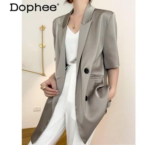 Popular Short Sleeve Suit for Women Thin Coat New Summer Loose Blazer Mid-Length Satin Elegant Jacket Simple Solid Colour Suit
