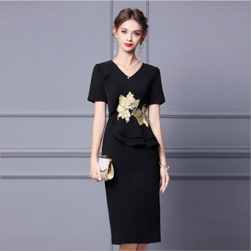 Black Blue Waist Formal Summer Lady Pencil Skirt Mature Short Sleeve Split Womans Dress Business Female Temperament OL Dresses