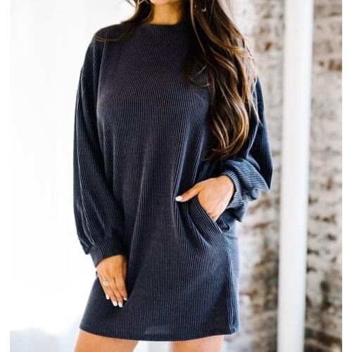 Winter Mini Dress Women Long Lantern Sleeve Pockets Knitted Solid Sexy Party Evening Sweatshirt Autumn Dresses Woman Tshirts