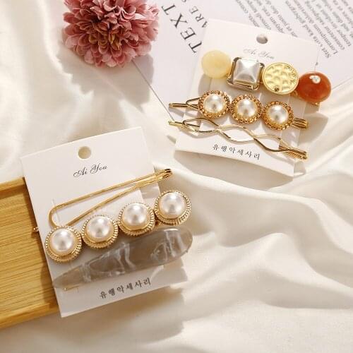 2019 Fashion Simulated-pearl Colorful Geometry Stone Hair Clips For Women Girls New Korea Hairpins Set Female Hairwear Jewelry