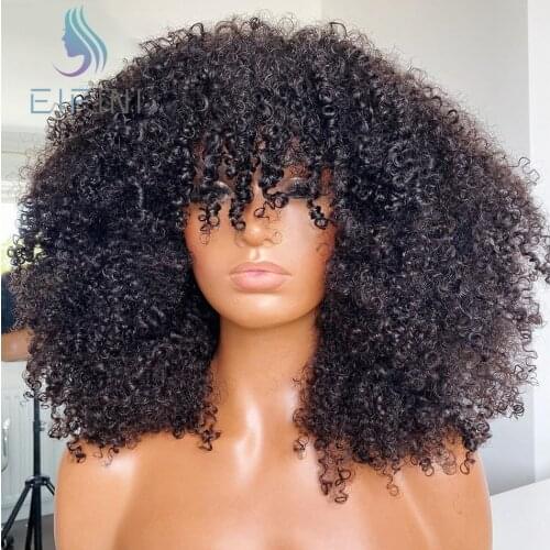 Afro Kinky Curly Wigs Remy Brazilian Hair Full Machine Made Wig With Bangs 250 Density Malaysian Human Hair Wig For Women Eifini