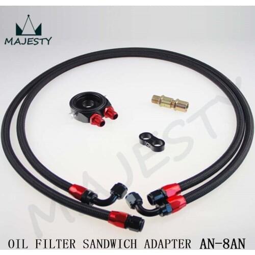 AN-8 OIL COOLER FILTER SANDWICH ADAPTER + 8AN NYLON STEEL OIL LINE FITTING KIT BLACK