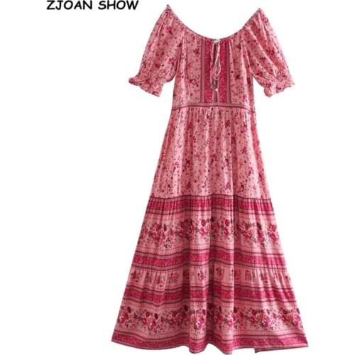 Bohemia Lacing up O neck Floral print Dress BOHO Holiday Woman Short Lantern Sleeve Tie Bow Sashes Long Dresses Beach