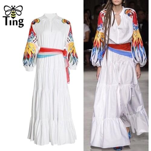 Tingfly Runway Designer Animal Embroidery Vintage Maxi Long Dress Women Retro Party Dresses with Sashes Zaful Long Vestidos Robe