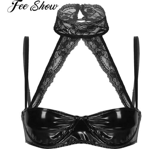 Women Sissy Bra Lace Halter Neck Patent Leather Underwired Bra Tops Exotic Lingerie Spaghetti Straps Brassiere Clubwear Sex Porn