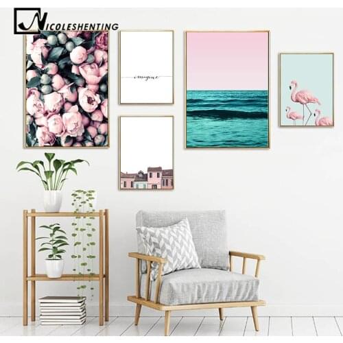 Flamingo Flower Ocean Wall Art Canvas Poster Nordic Minimalist Print Painting Scandinavian Decoration Picture Living Room Decor