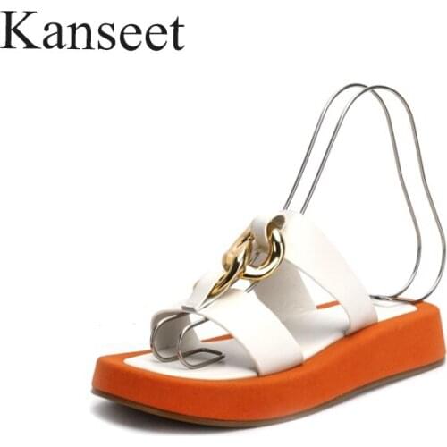 Kanseet Shoes 2021 Summer Genuine Leather Outdoor Women Slippers White Black Metal Chain Handmade Open-Toed Comfort Flats Shoes