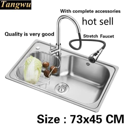 Free shipping Standard Kitchen sink 0.8 mm single slot food grade 304 stainless steel durable stretch tap hot sell 73x45 CM