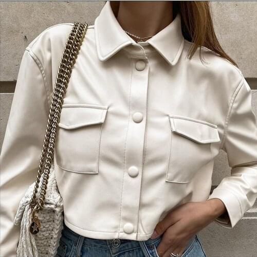 New Fashion Women´s Loose Short Casual Leather Jackets Black Long Sleeve Button Open Lapel Jackets With Pockets