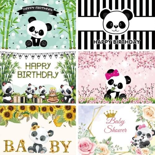 Laeacco Cartoon Panda Babys Birthday Party Green Bamboo Customized Banner Poster Photo Background Photo Backdrop Photo Studio