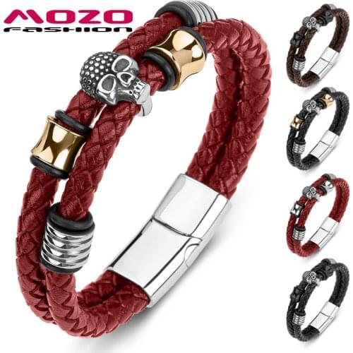 MOZO FASHION 2021 Man Bracelet Genuine Leather Rope Chain Stainless Steel Skull Punk Bangle Wholesale New Jewelry Gifts 193