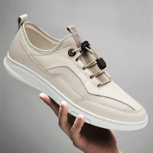 Men Casual Summer Shoes Mesh Breathable Walking Shoes Male Genuine Leather Slip on Shoes Comfortable Light Flat Outdoor Footwear