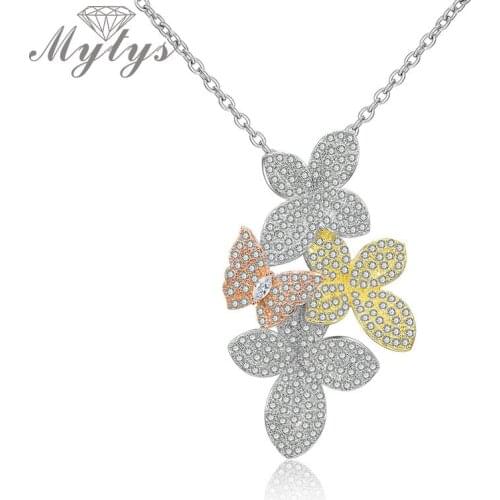 Mytys Full Setting Cubic Zironia Wedding Jewelry Romantic Butterfly Pendant Necklace for Women Three Tone Gold Necklace CN504