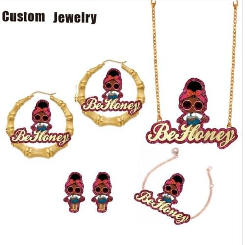 1.8inch set Personalised Custom Name Character Necklace Kids Bamboo Earrings Cartoon Bracelet Children Jewelry Set