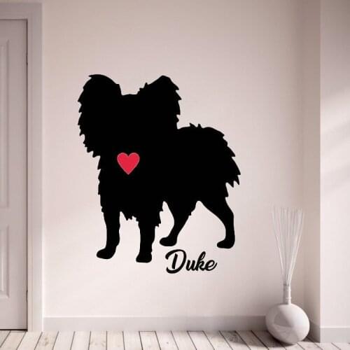 Papillion Silhouette Custom Name Decals Customized Dog Name Wall Stickers Pet Dog With Red Heart Wall Decor Art Mural L167