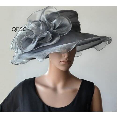 Wholesale NEW Grey silver Wide brim Fashion crystal organza hats church bridal hat for wedding womens hat,races.FREE SHIPPING