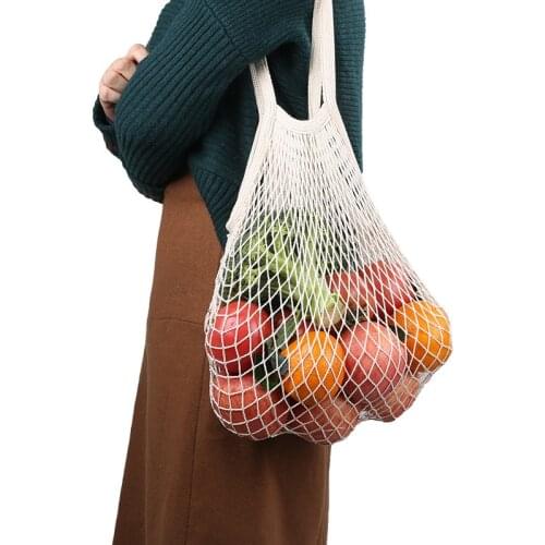 Hot Sale Mesh Shopping Bag Foldable Handle Shoulder Bag Reusable Fruit String Grocery Shopper Cotton Tote Mesh Woven Net Bags