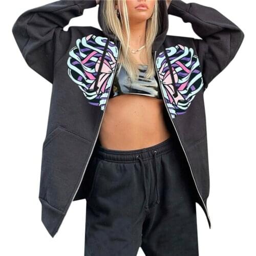 Hip Hop Streetwear Men Women Hoodies Goth Bow Ribcage Print Zipper Jacket Coat Harajuku Y2K Hooded Top Clothes Punk Outwear
