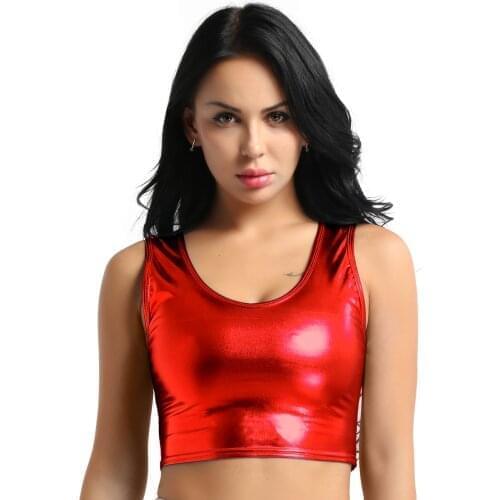 Women Fashion Shiny Metallic Scoop Neck Rave Tank Crop Top Vest Bustier Blouse Shirt Pole Dance for Club Stage Performance