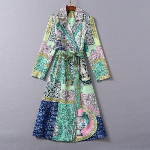 European and American womens wear 2020 winter new style Long-sleeved double-breasted vintage print Fashion trench coat