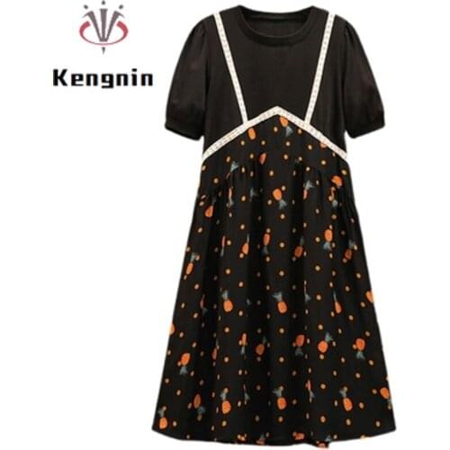 Oversized European 2021 Summer Dress Woman Print Floral Patchwork Black Dress Fake Two Piece Puff Sleeve Lady Robe Dress KE1353