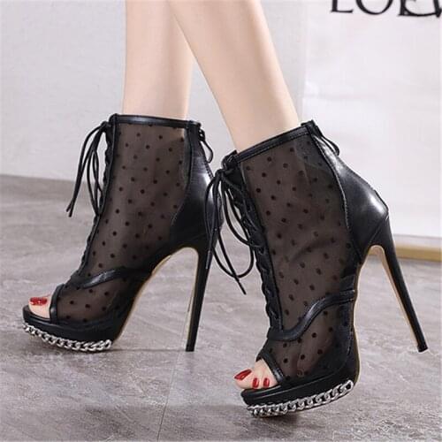 2021 Fashion Basic Sandals Boots Women 13cm High Heels Pumps Sexy Hollow Out Mesh Lace-Up Cross-Tied Boots Party Dress Shoes