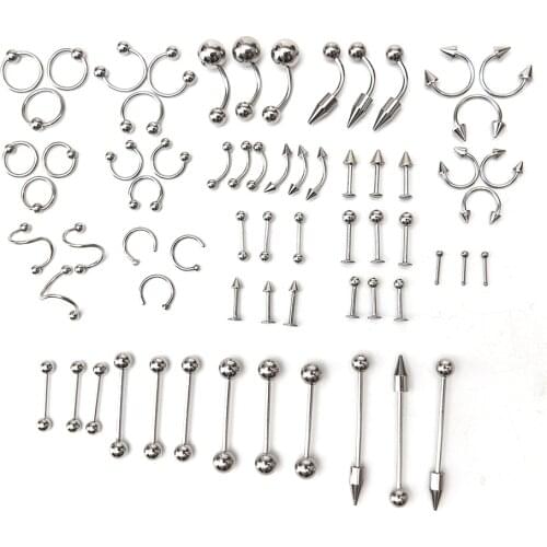 8/16/36/66Piece Multi-type Stainless Steel Curved Eyebrow Nose Lip Earrings Nipple Piercings Punk Unisex Body Piercing