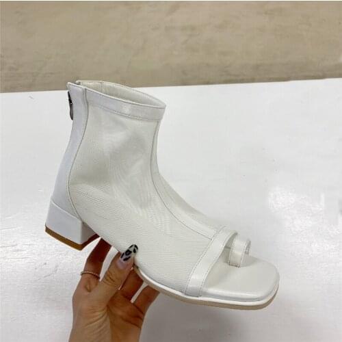 White Sandals Fall Mesh Low Block Heels Punk Open Toe Ankle Boots Black High Heels Women Sandals Fashion Vrouwen Schoenen